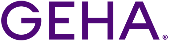 The image displays the GEHA logo in bold, uppercase purple letters on a white background.